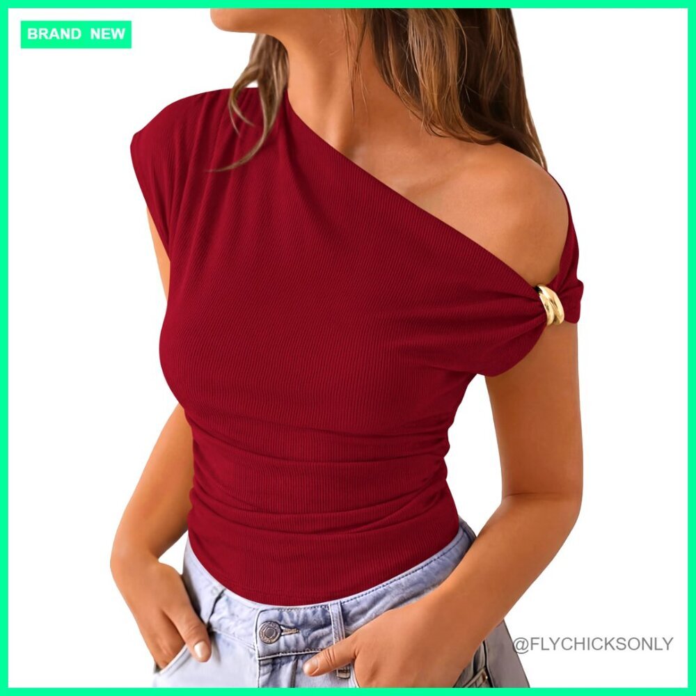 Off Shoulder Crop Top Ribbed Y2K T-Shirt Stretchy Summer Blouse